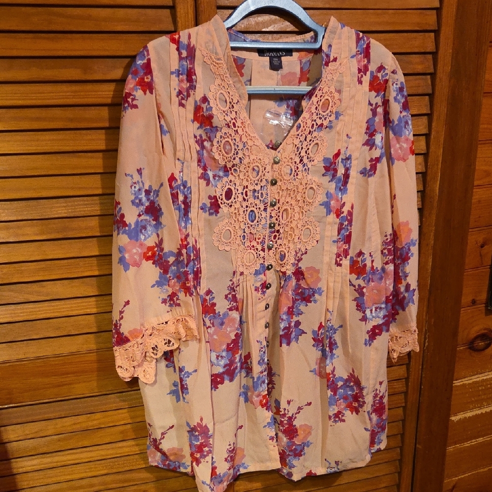 Roaman's Floral Crochet Blouse - Cream and Red